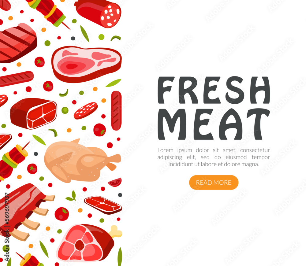 Landing Page with Fresh Natural Meat Product from Butchery Vector Template