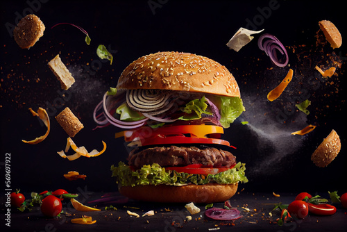 Appetitanregender, explodierender Burger isoliert auf schwarzem Hintergrund - Generative Ai 