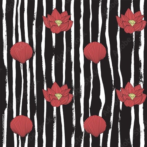 Red lotos on the seamless black and white textile design