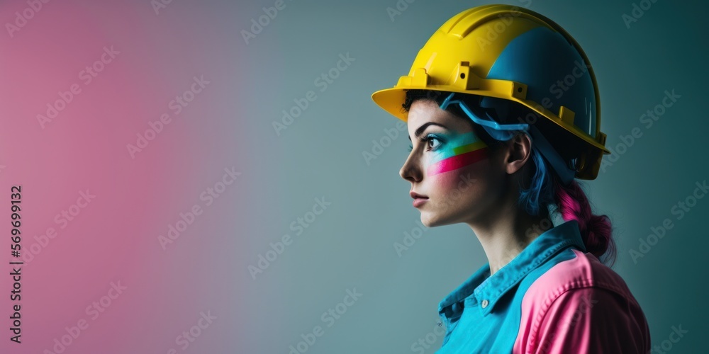 Portrait of a young beautiful woman work as construction worker. Creative construction working concept. Generative AI. Portrait of a young beautiful woman work as construction worker. Creative construction working concept. Generative AI.