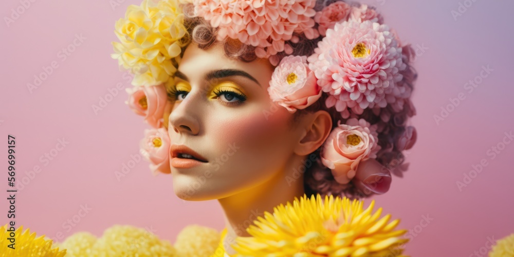 Portrait of a young beautiful woman with flowers in the hairs. Spring creative concept. Generative AI.