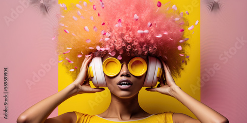 Portrait of a young beautiful woman with colorful hair hearing music with headphones. Creative music listen concept. Generative AI.