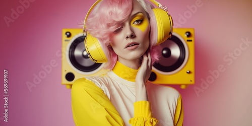 Portrait of a young beautiful woman with colorful hair hearing music with headphones. Creative music listen concept. Generative AI.