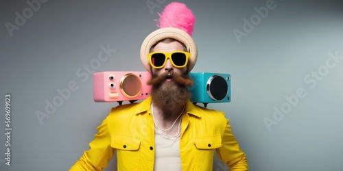 Portrait of a young beautiful man hearing music with speakers. Creative music listen concept. Generative AI.