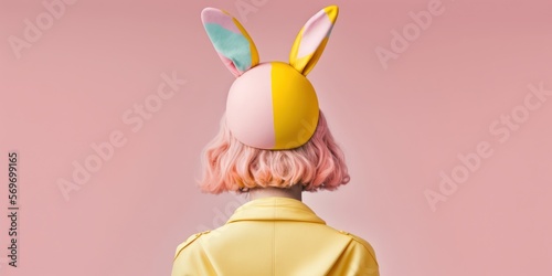 Portrait of a young woman with colorful hairs and bunny ears. Creative easter concept. Generative AI.