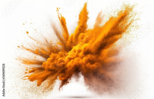 Orange dust is thrown over a white background by the explosion of yellow powder in an abstract, frozen motion. Generative AI