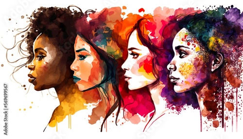 Multicultural portraits of young women symbolize the success of equality, watercolor illustration, people art. Generative AI