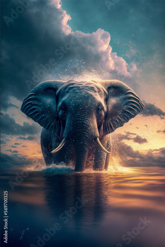 Surreal elephant at sunset created with Generative AI technology