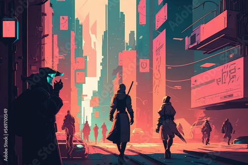 People move through the streets of a cyberpunk metropolis in the future. Generative AI
