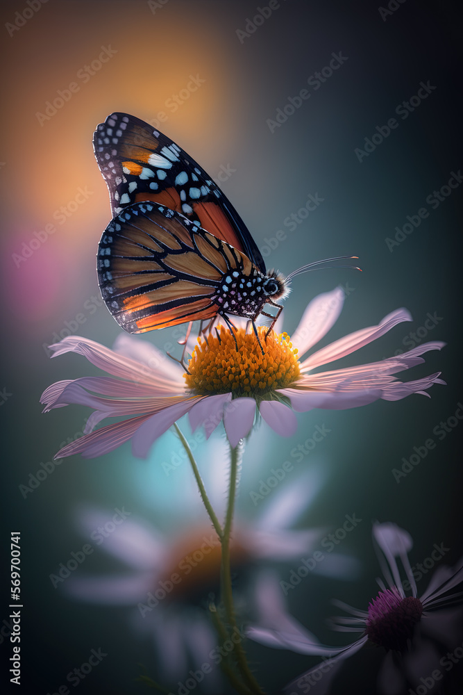 Macro of a Monarch Butterfly drinking nectar from a Cosmo flower- Created with generative AI technology Macro of a Monarch Butterfly drinking nectar from a Cosmo flower- Created with generative AI technology