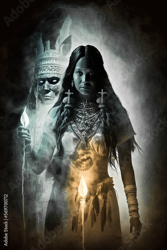 First Nation spirit woman with her spiritual guide - Created with generative AI technology