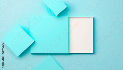 Pastel blue empty paper texture background template, banner for advertising. Rectangular geometric shapes. Copy space. space for text. AI generated.
