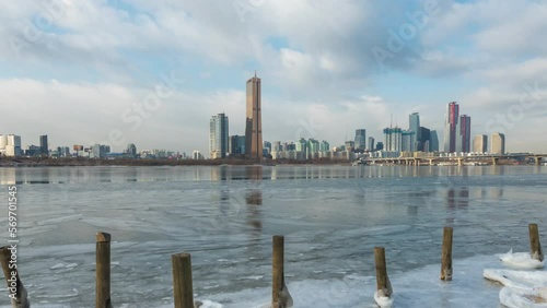 Han River in  winter with clear blue sky of Seoul City, SouthKorea.(zoom in) photo