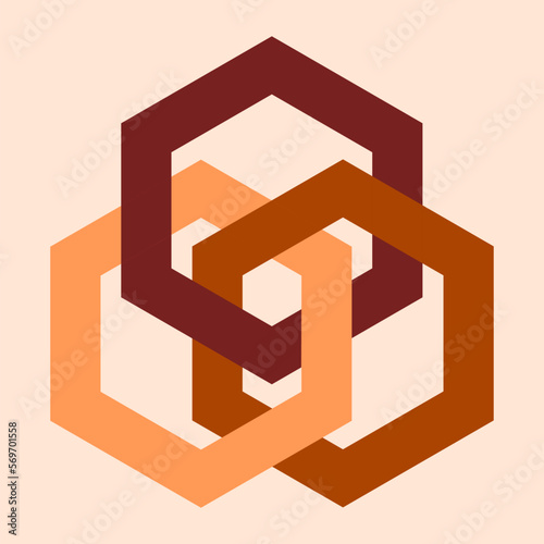 Vector graphic of three  brown interlinked regular hexagons. A logo for unity or cooperation