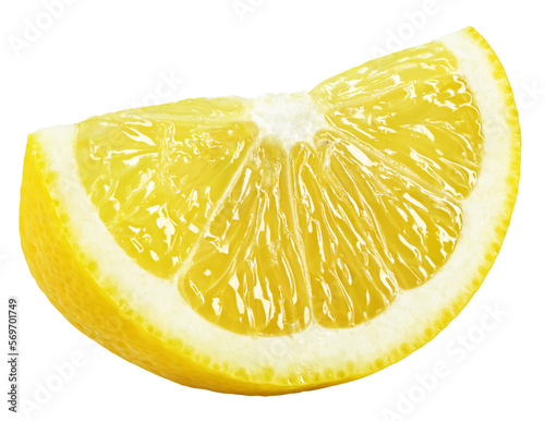 Fotografia Ripe wedge of yellow lemon citrus fruit stand isolated on transparent background