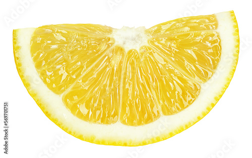 Ripe wedge of yellow lemon citrus fruit stand isolated on transparent background