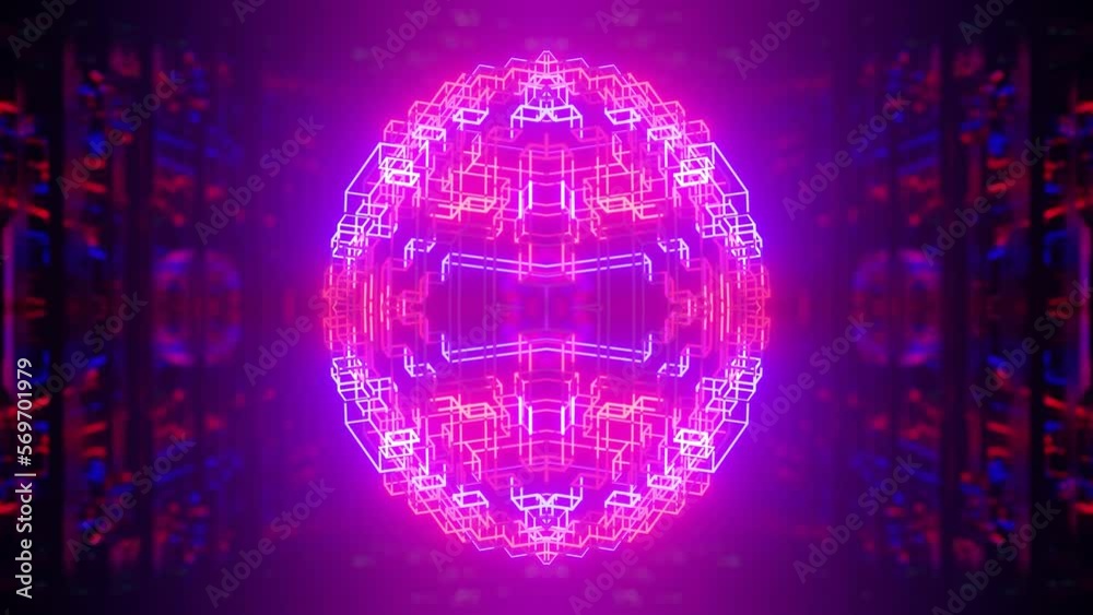symmetrical 3d object or structure rotates and moves inside glass mirror tunnel with neon light, bright reflections. Fantastic abstract background looped in 4k. Vj loop for show. Night club vj loop