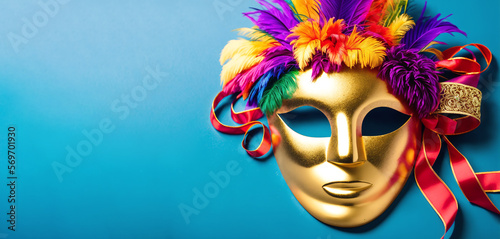 Mardi Gras gold mask on a blue background, Generative AI illustration © Mysticai