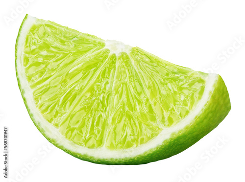Ripe slice of green lime citrus fruit stand isolated on transparent background