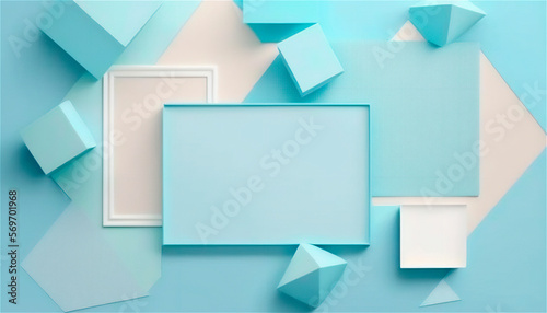 Pastel blue empty paper texture background template, banner for advertising. Rectangular geometric shapes. Copy space. space for text. AI generated.