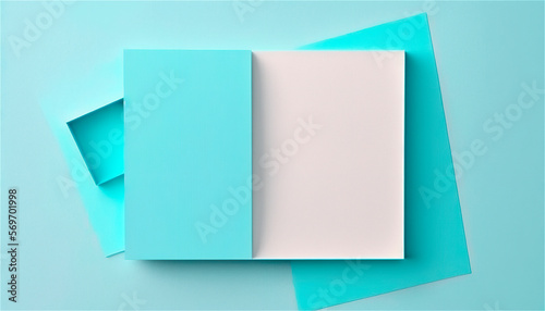 Pastel blue empty paper texture background template, banner for advertising. Rectangular geometric shapes. Copy space. space for text. AI generated.