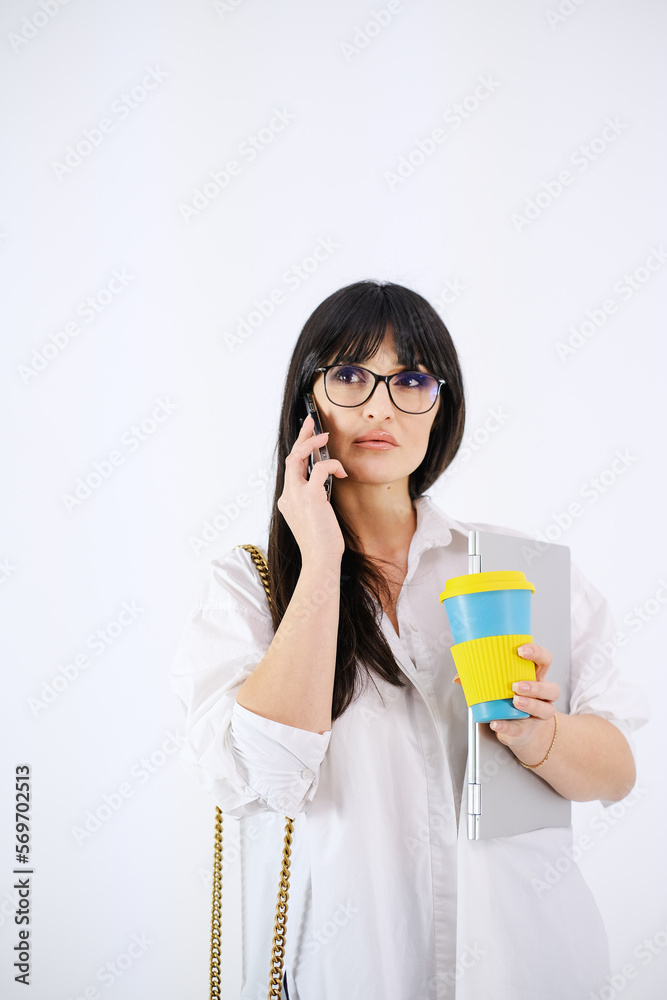 Selective focus woman with cell phone white background Selective focus woman with cell phone white background