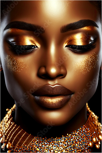 Gold Luxury Black Skin Woman African Ethnic Female Face Young African American Model with Jewelry - Post-processed Generative AI