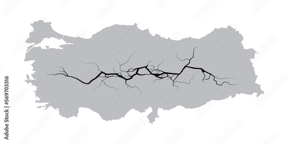 Turkey map with cracks on it. The effect of the earthquake