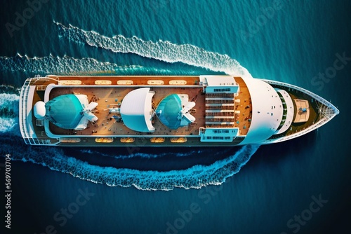 Aerial view of beautiful white cruise ship above luxury cruise. Generative ai