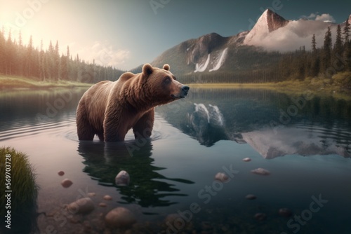 Bear on the river with a view of the mountains. Generative ai