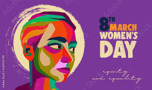Womens Day young woman face in colorful collage design card