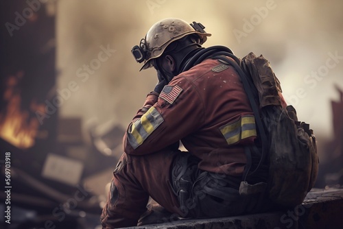 Firefighter at the scene of the fire. Generative AI