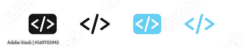 Code icon. Software symbol. Developer signs. Frontend, backend symbols. Computer technology icons. Black and blue color. Vector sign.