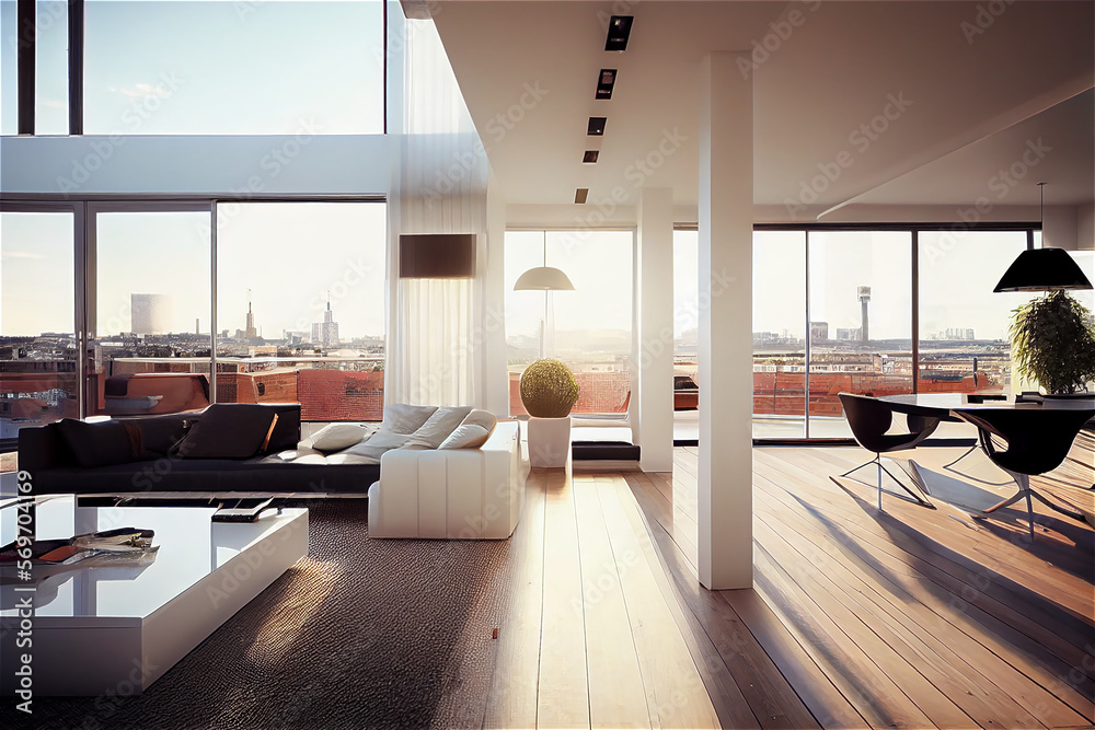 Naklejka premium Luxury penthouse apartment with a terrace overlooking a city skyline, generative AI