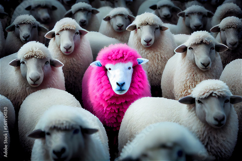 Flock of white sheep and a ...