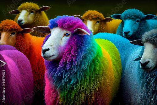 Herd of multicolored sheep ...