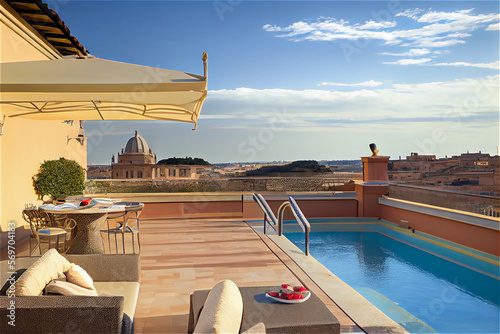 Impressive penthouse terrace with a swimming pool overlooking Rome, generative AI