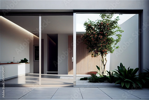 Modern house with minimal design and sliding glass door leading to a zen garden, generative AI