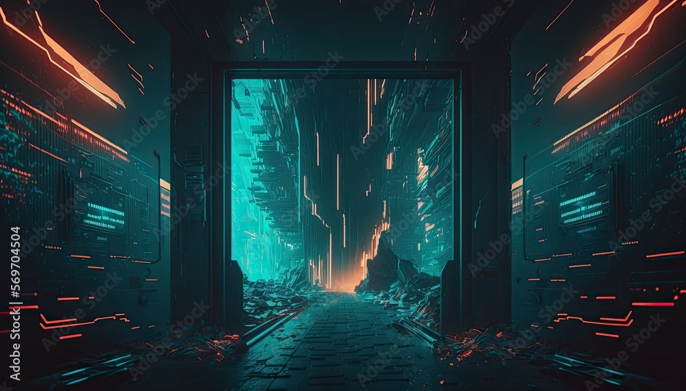 Painting 3D render of dystopia ruined cyber city scape walkway ...