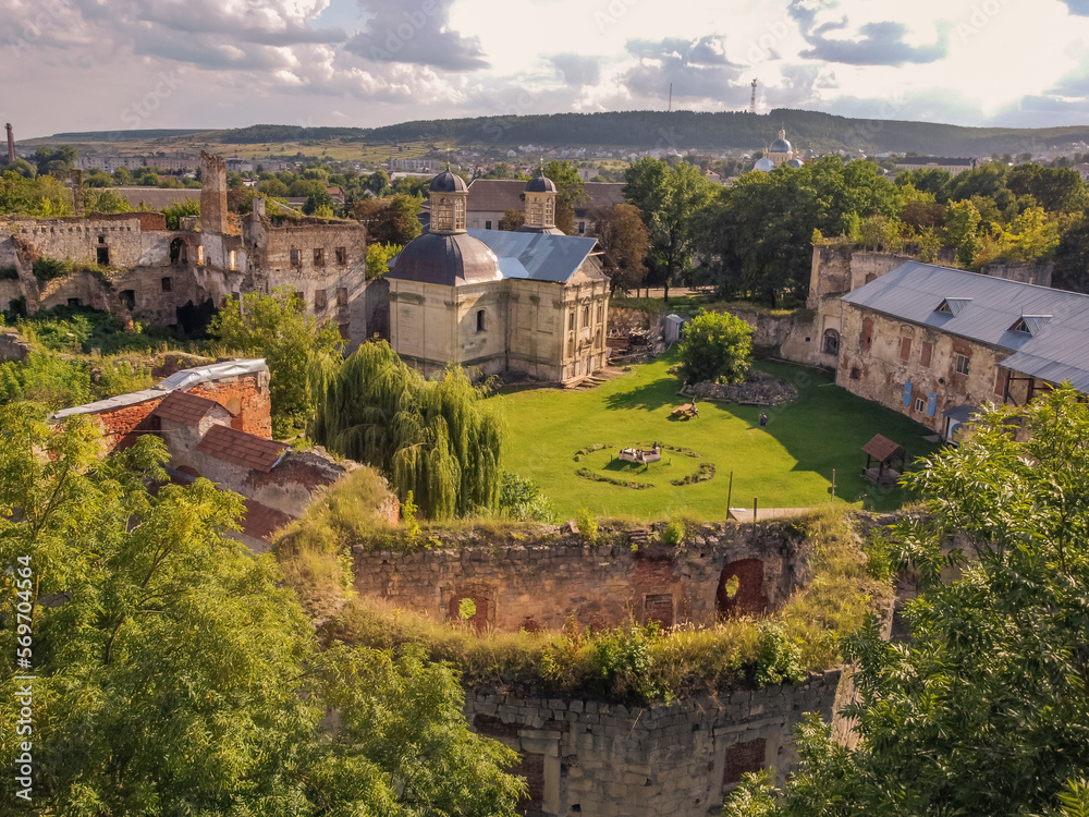 Aerial vIew of castle of Berezhany by drone. Summer Ukraine Ternopil region, West Ukraine.