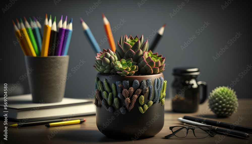 Succulents in the pots with pencils background. Generative AI