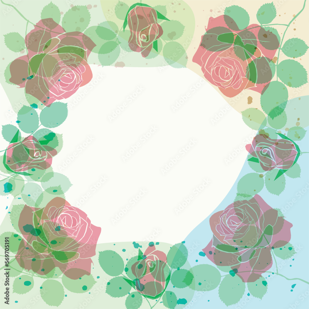 Art of roses and leaves. Elements in pastel color tones with ink splashes on square shape with circular space. Vector illustration. Art of roses and leaves. Elements in pastel color tones with ink splashes on square shape with circular space. Vector illustration.