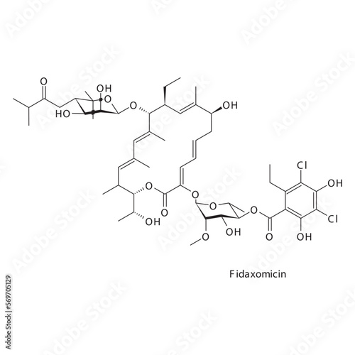 Fidaxomicin flat skeletal molecular structure Lipiarymycin antibiotic drug used in  treatment. Vector illustration.