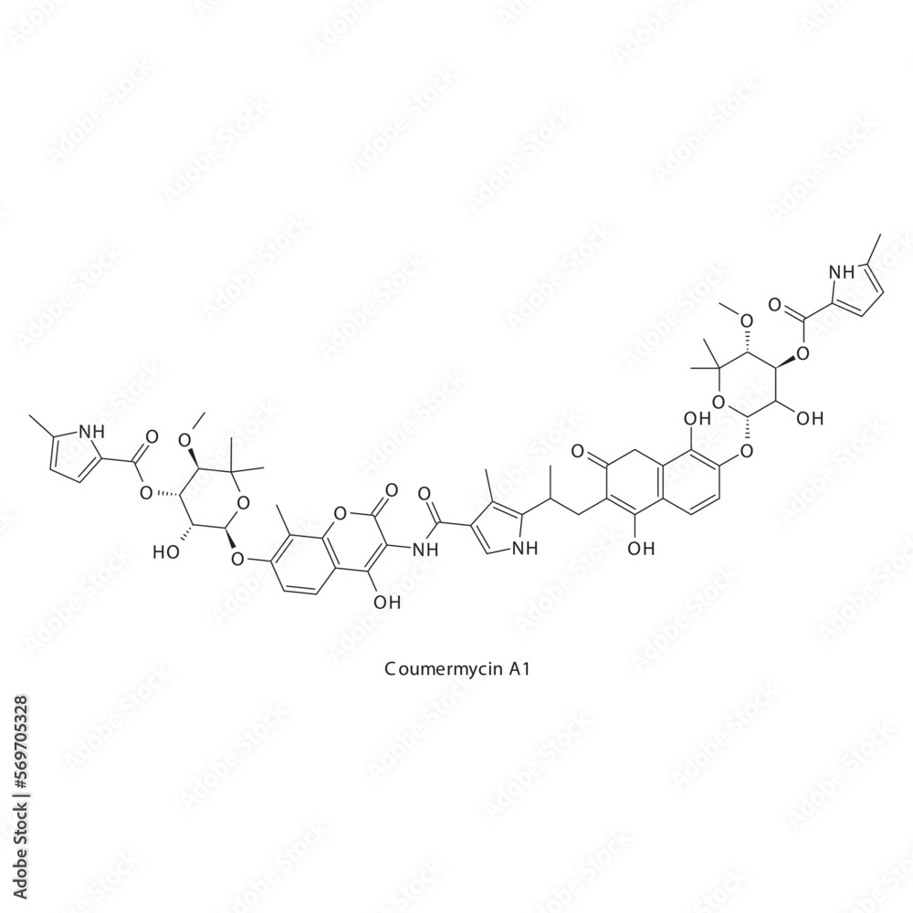 Fototapeta premium Coumermycin A1 flat skeletal molecular structure Aminocoumarin antibiotic drug used in treatment. Vector illustration.