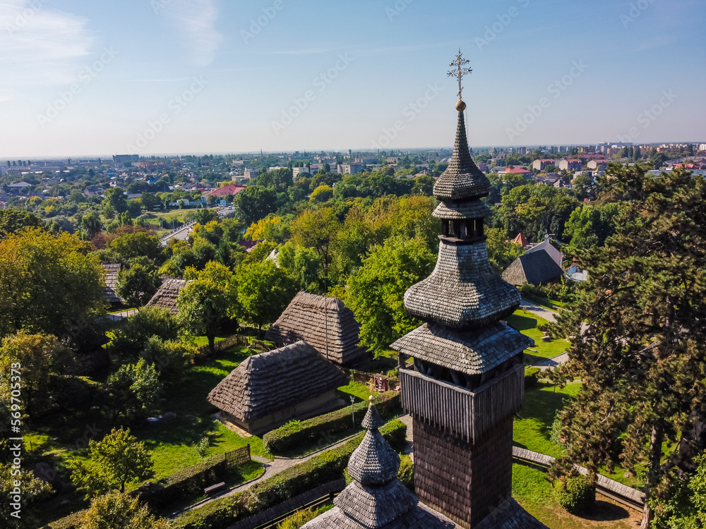 Aerial vIew of city Uzhgorod by drone. Summer Ukraine Zakarpatia region, West Ukraine.Church wood.