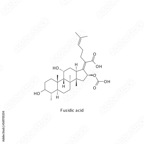 Fusidic acid flat skeletal molecular structure Steroid antibiotc drug used in  treatment. Vector illustration.