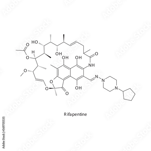 Rifapentine flat skeletal molecular structure Rifamycin antibiotic drug used in  treatment. Vector illustration.