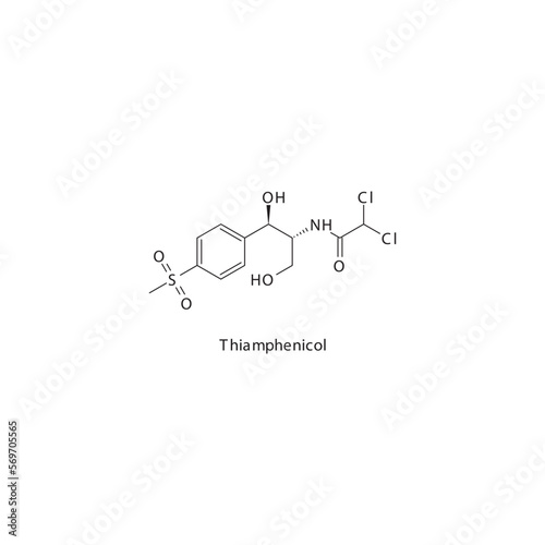 Thiamphenicol  flat skeletal molecular structure Amphenicol antibiotic drug used in  treatment. Vector illustration. photo