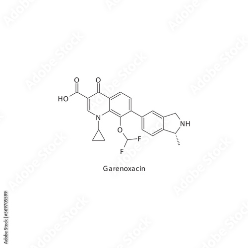 Garenoxacin flat skeletal molecular structure 4th generation Fluoroquinolone antibiotic drug used in treatment. Vector illustration.