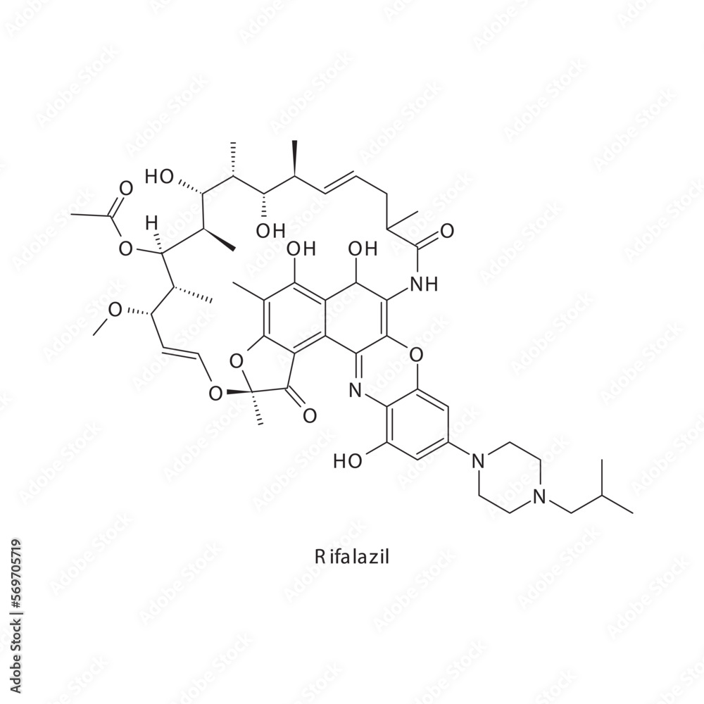 Fototapeta premium Rifalazil&nbsp; flat skeletal molecular structure Rifamycin antibiotic drug used in treatment. Vector illustration.